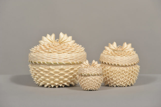 Trio of woven pineapple weave baskets by Denise Jock. Date and photographer unknown.