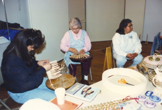 Akwesasne Mohawk ash splint and sweetgrass basket makers demonstrating, c.1994.