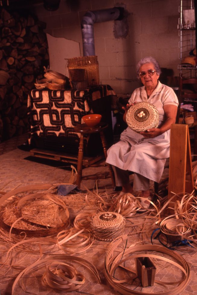 Mary Adams in her home basement workshop at Akwesasne, 1992.