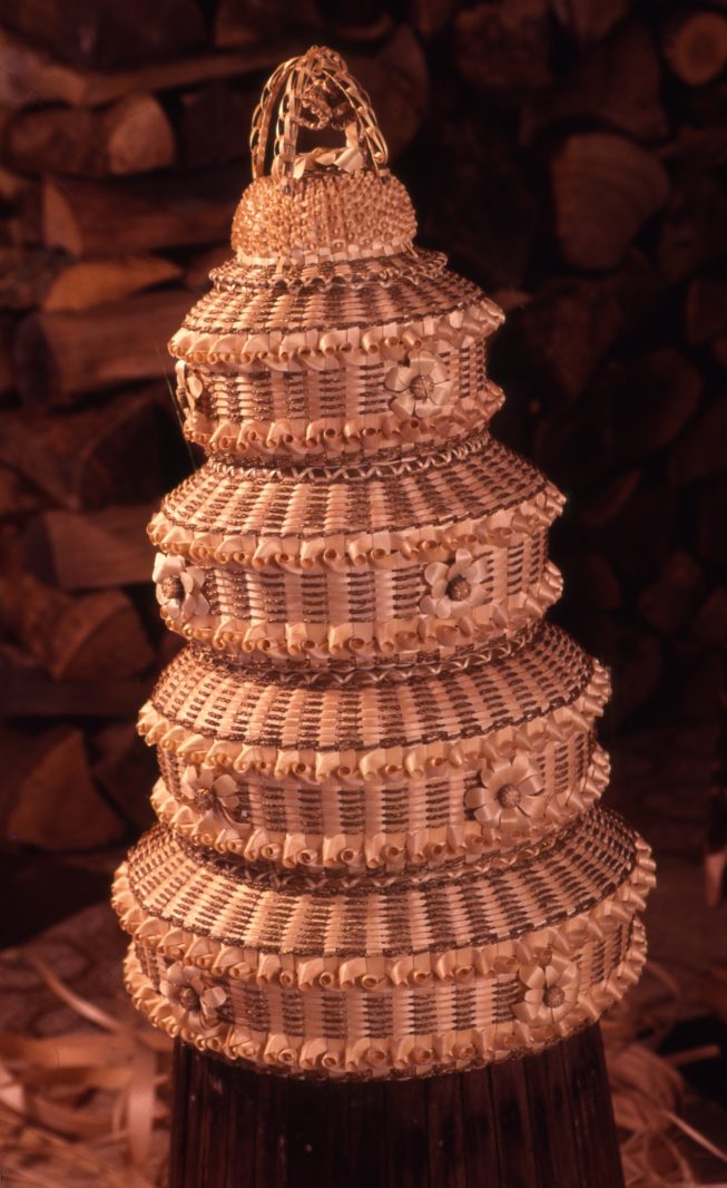 Mary Adams' four-tiered ash splint and sweetgrass Wedding Cake Basket, 1992.