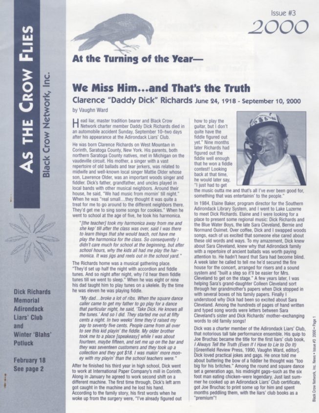 Remembrance of Clarence Richards in the Black Crow Network, Inc. News, 2000.