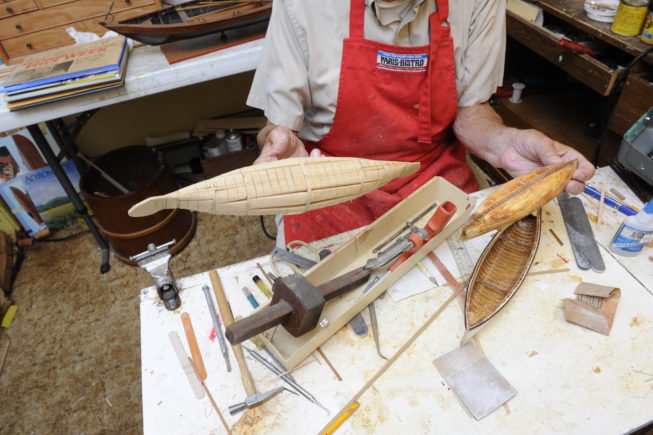 Model wooden boat builder Frank White at work, 2012.