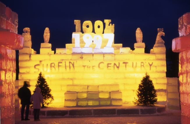 The Winter Carnival Ice Palace, 1997. Initially designed by an architect in town for the cure in 1898, the second year of the carnival, the palace has since been designed by a number of well-known architects. In early years, its construction was put out to bid. Over time, however, residents with remarkable experience and skill, though generally no professional architecture training, stepped forward in volunteering to organize, design, and build the ice palace, and that is how it continues to be done today.