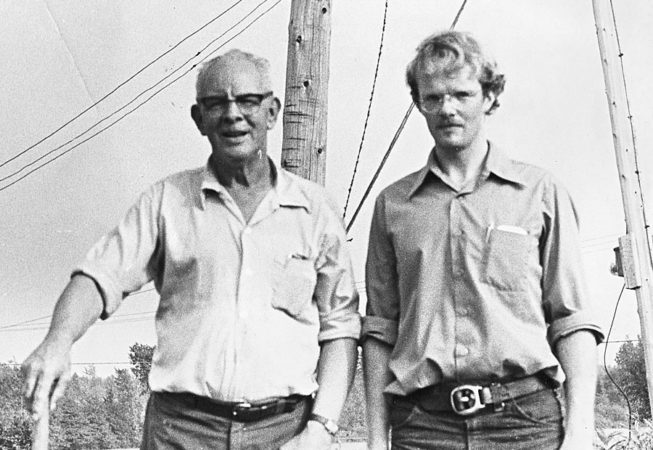 Robert D. Bethke, Folklorist and Adirondack music scholar (right) in Hermon, NY in 1972 with Adirondack lumber camp and barroom singer Ted Ashlaw (left), with whom Robert worked extensively. Photo by Peter D. Bethke (age 5), 1972.